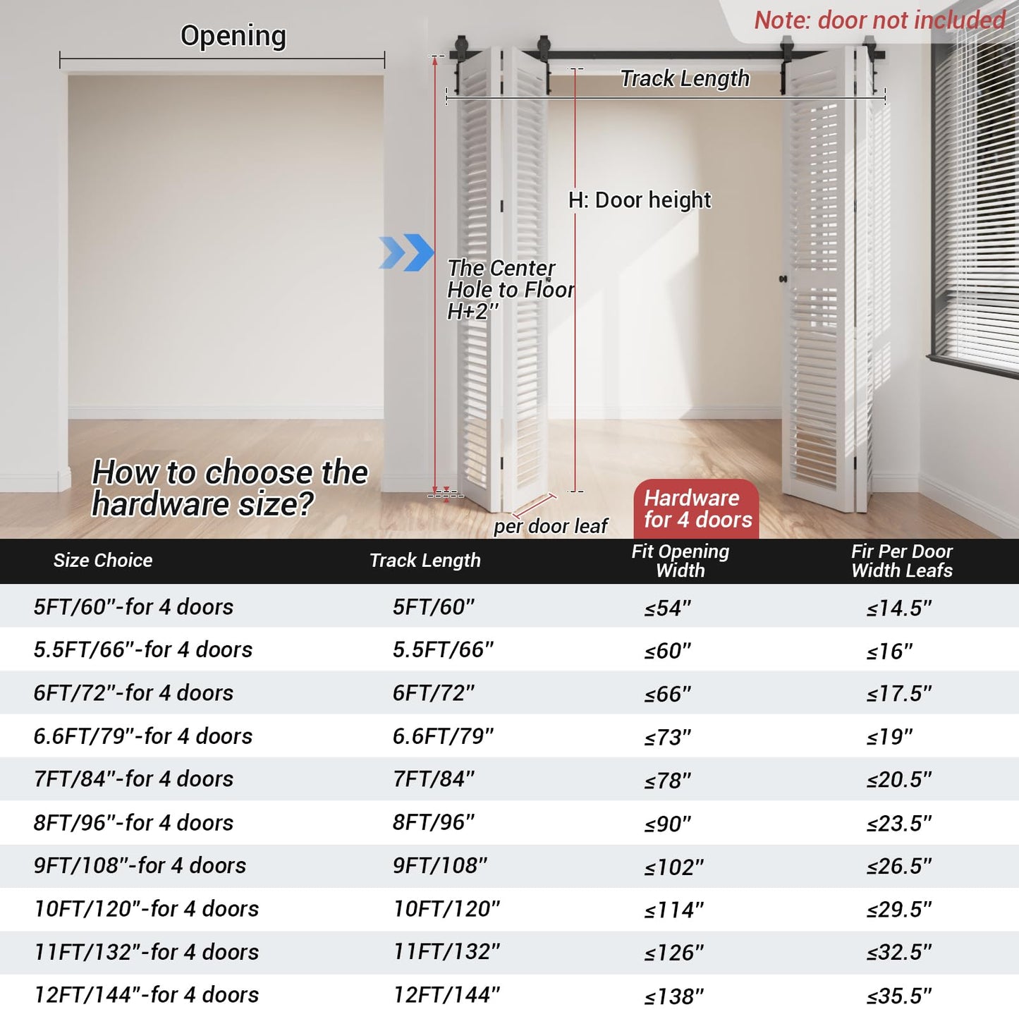CCJH 8FT/96'' Bi-Folding Barn Door Hardware Sliding Track kit Heavy Duty for 4 Doors(No Wood Door，Hardwware Only)