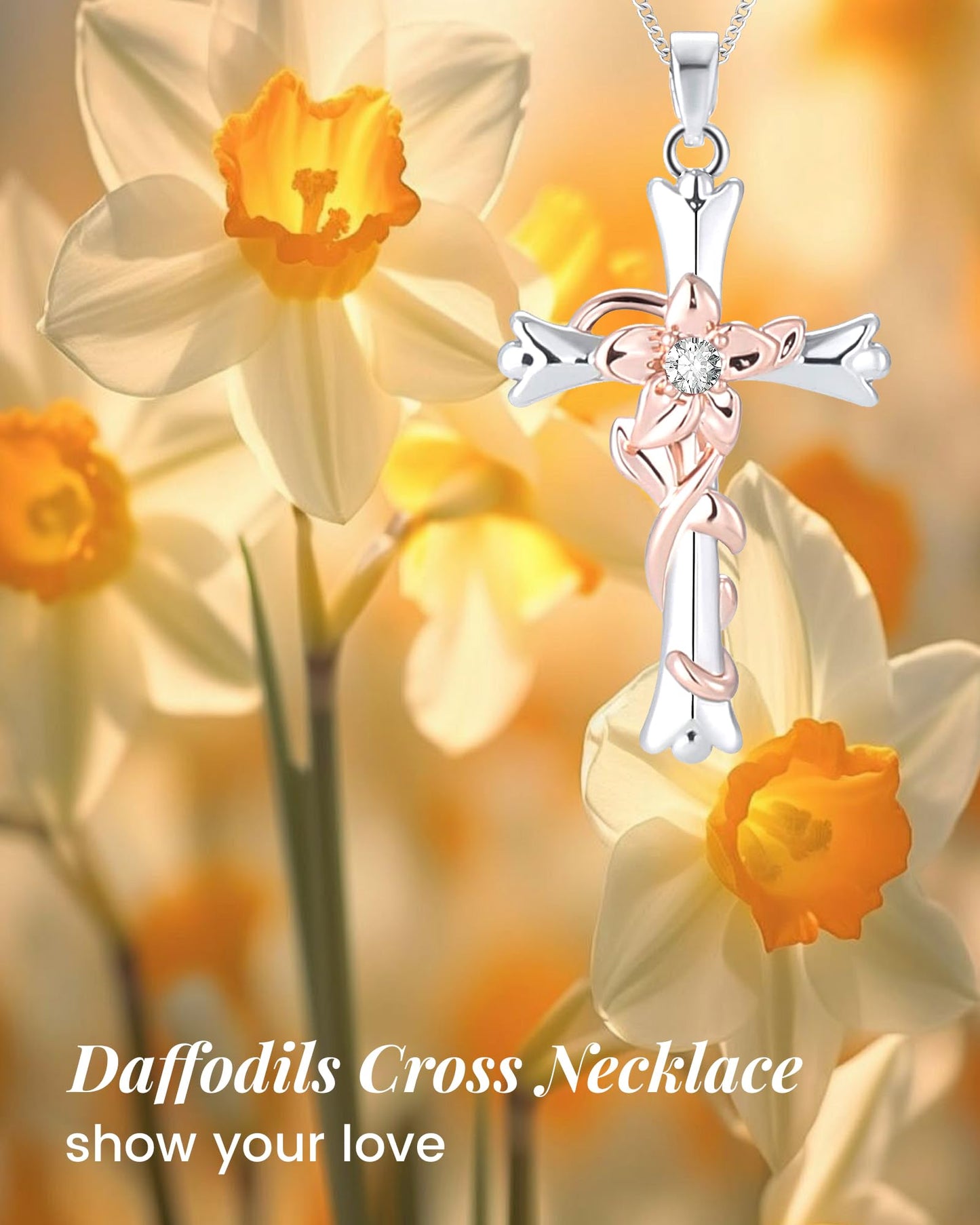 ACECHA Silver Cross Necklace for Women, Dainty Faith Cross Pendant Necklaces with Daffodils Jewelry for Mom Wife Daughter Sister | Gifts for Birthday Anniversary Christmas Easter(Narcissus-Vitality)
