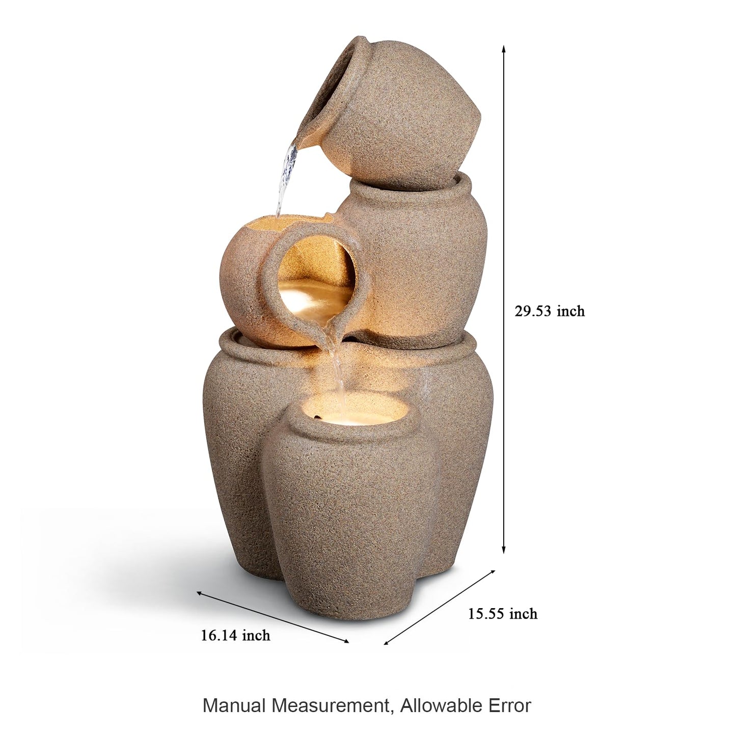Puulye 29.53" H Outdoor Water Fountain Made with Eco-Friendly Recyclable Materials, Polyethylene Cascading Waterfall Outdoor Fountain, Garden Decor with LED Light & Pump for Patio, Backyard