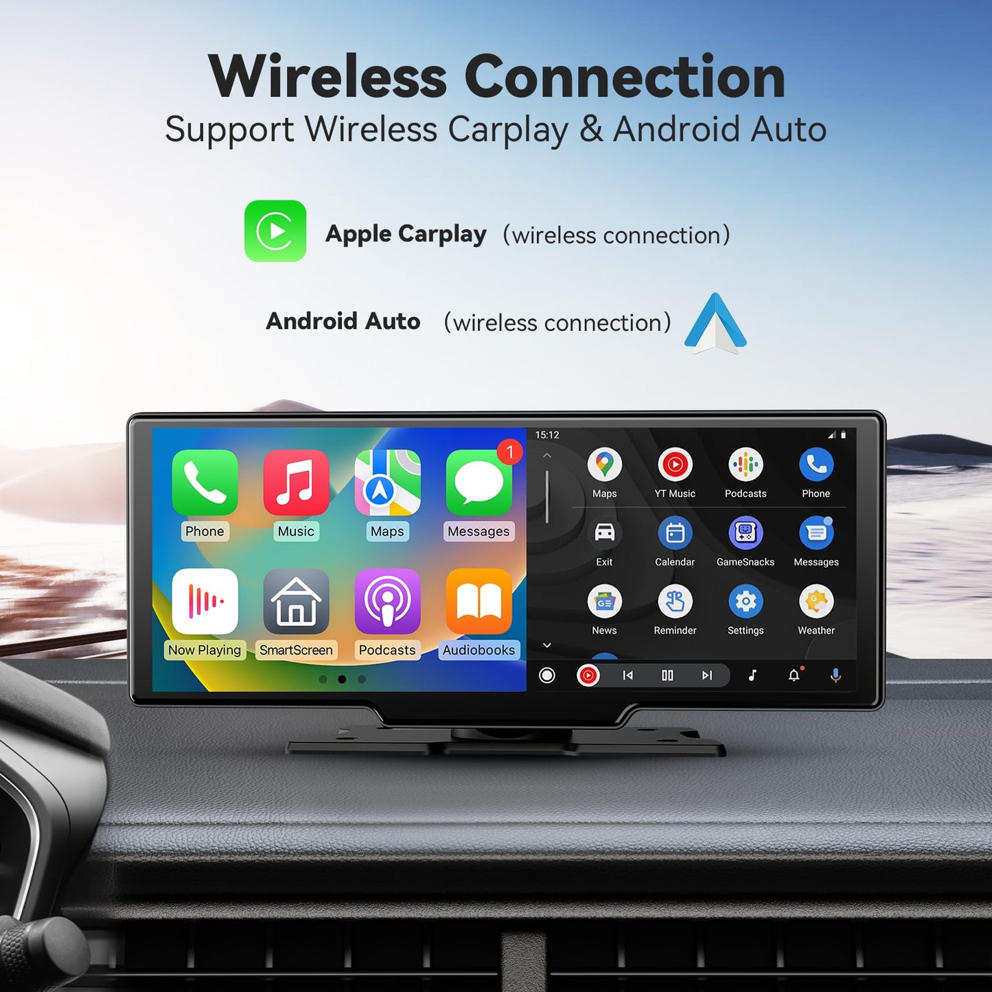 Portable Apple CarPlay Screen, Extra Large 11.26 Inch 4K Car Play & Android Auto HD Touchscreen, Wireless Car Stereo with Dash Cam, G-Sensor/App Control/Backup Camera/Loop Recording/Mirror Link/GPS/FM