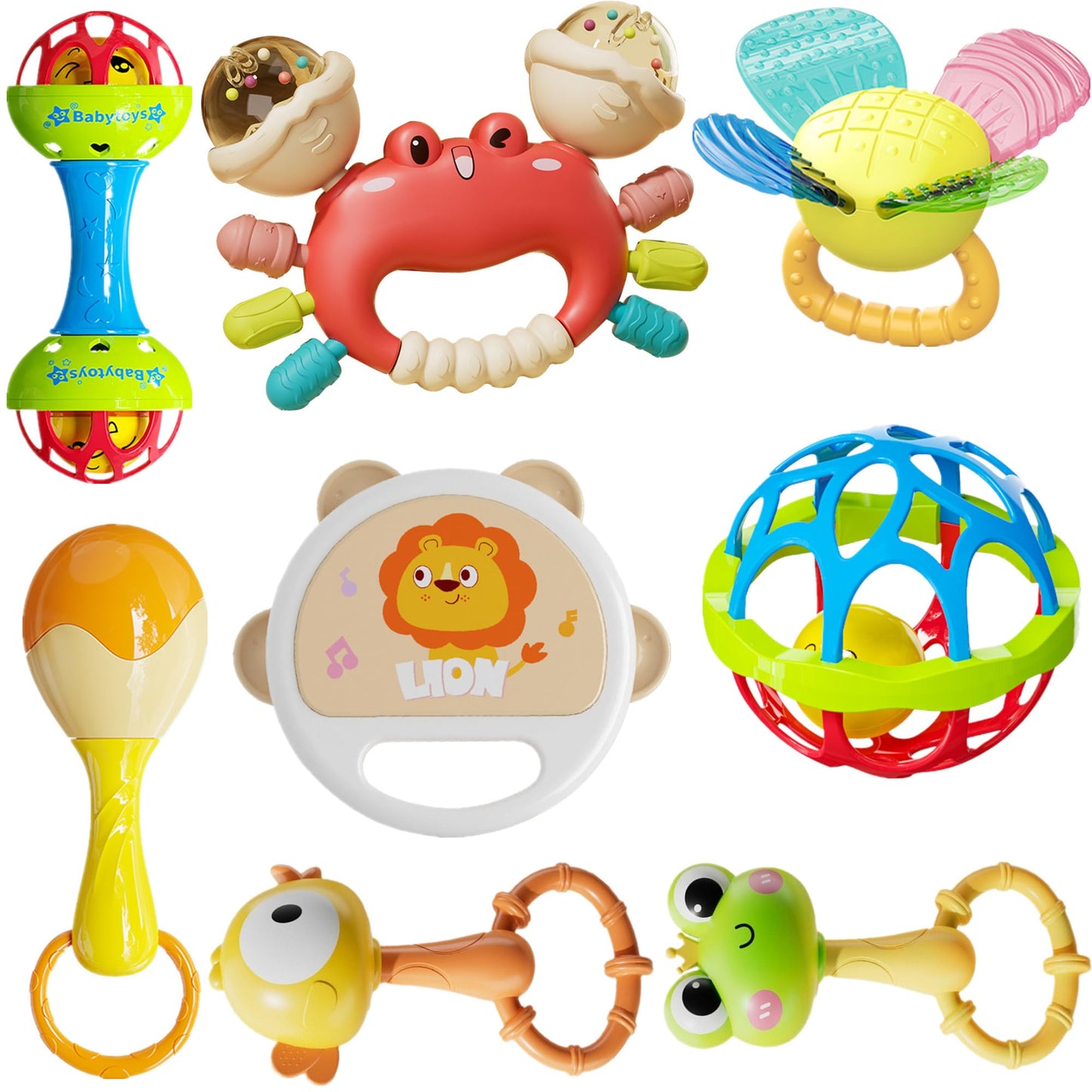 HAOHAOSHUA Infant Rattle and Teether Toy Set, 8PCS Baby Rattles Toys with Crinkle Sound,Teething Ring,Squeeze Toy for 3+ Months,Colorful Animal Design (Lion, Crab, Frog, Bird) for Sensory Development
