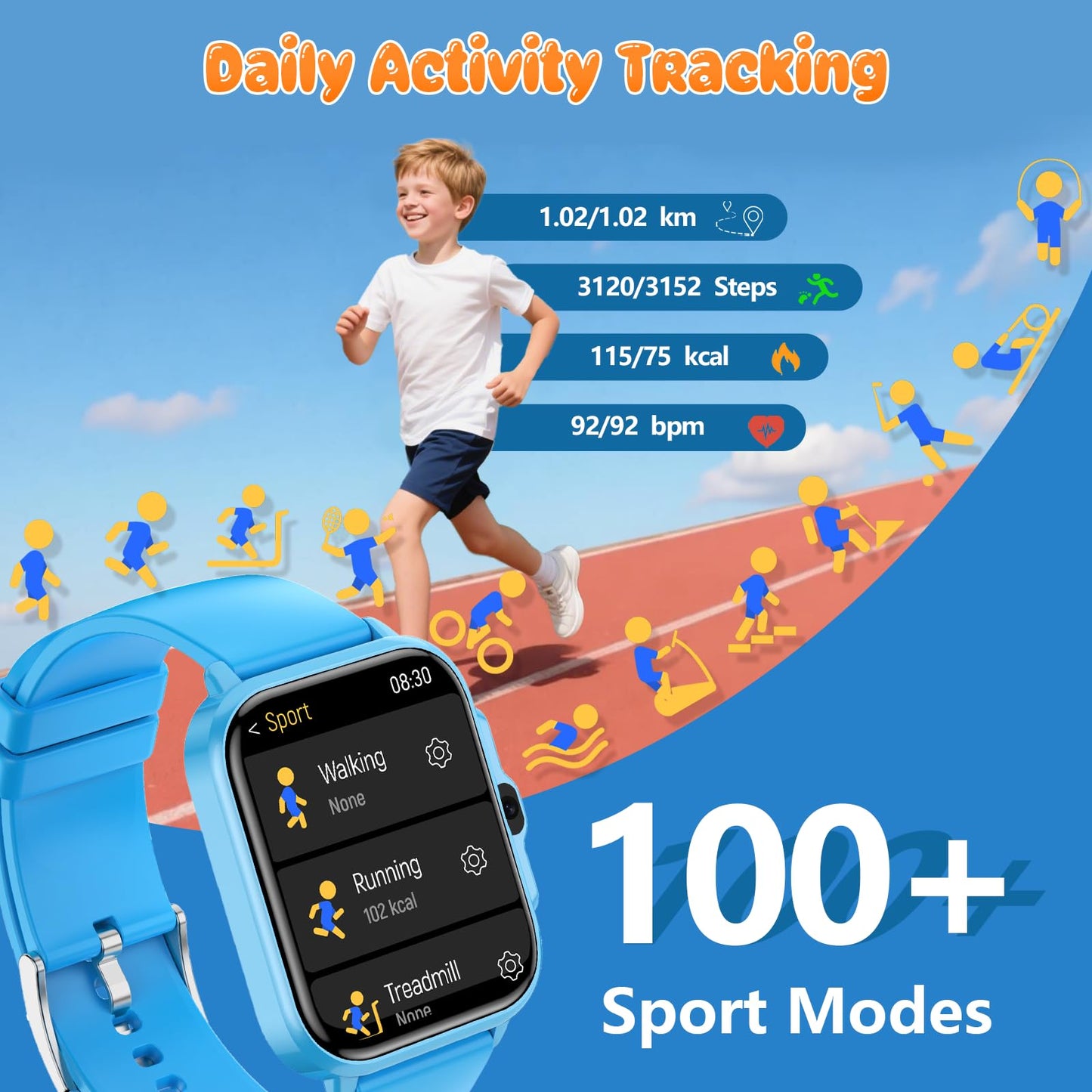 Kids Smart Watch Boys and Girls, Smartwatch with Alarm Clock, Camera, Games, Music, SOS, 24/7 Health Monitor, 100+ Sports Modes, IP68 Waterproof, Children Watches Birthday Gift for Kid Ages 4-12