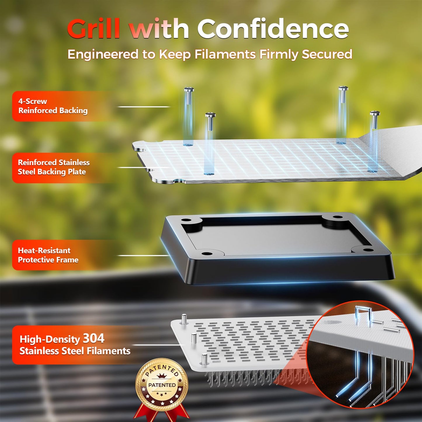EG evgoer BBQ Grill Brush with U-Shaped Fixed Design, 45° Angled Steel Filaments for Deep Cleaning, Wooden Handle Grate Cleaner with Hanging Hook for Gas, Charcoal & Smoker (16 Inch)
