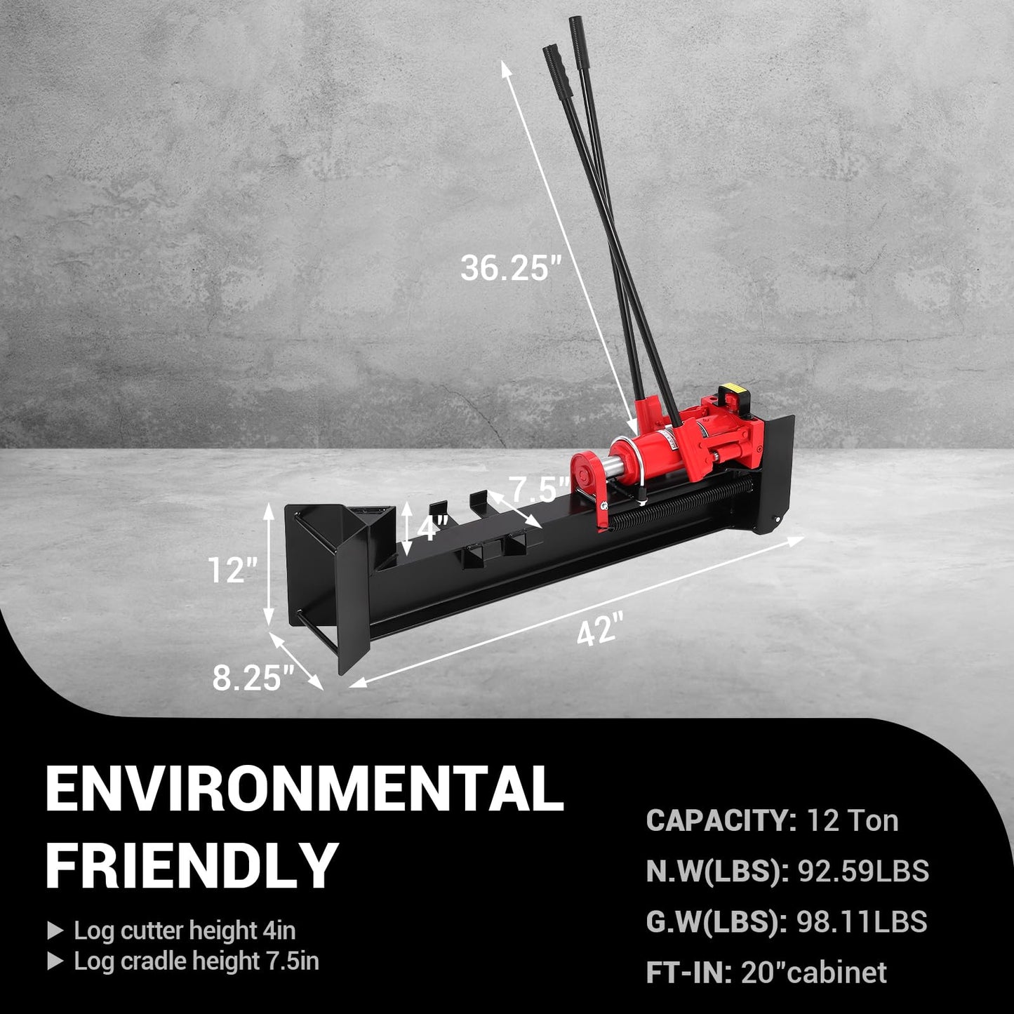 Garvee 12 Ton Hydraulic Log Splitter, Manual Wood Splitter with 2-Speed Operation & Built-in Wheels, Hand Powered Log Cutter for Firewood with Full Steel Construction, Max 18.7" Log
