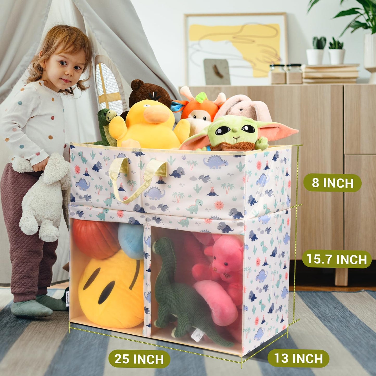 Moteph Toy Box with Lid, Collapsible Dinosaur Toy Chest with Mesh Window & Divider, Large Stuffed Animal Storage Bin for Playroom, Kids Room, Nursery Organization, Toy Bin for Boys & Girls