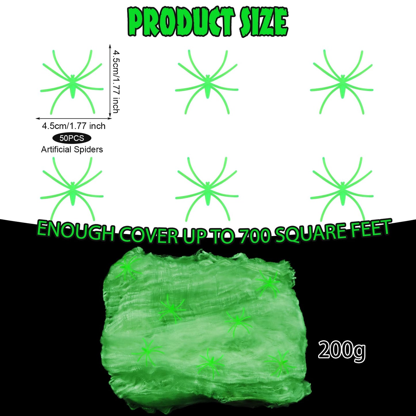 DERAYEE Halloween Glow in The Dark Spider Web Decorations, 700sqft Super Stretch Fake Cobwebs with 50 Plastic Spiders for Halloween Party Indoor Outdoor Supplies (200g)
