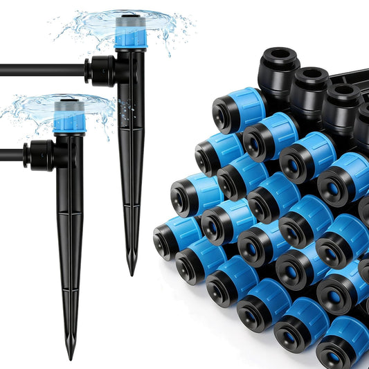 FoxRose 30 Pack Quick Connect 1/4 Inch Drip Irrigation Emitters Fittings, 1/4'' Dripline Push-to-Fit Irrigation Vortex Emitters Adjustable 360 Degree Emitter with Stake for Garden Sprinkler Systems