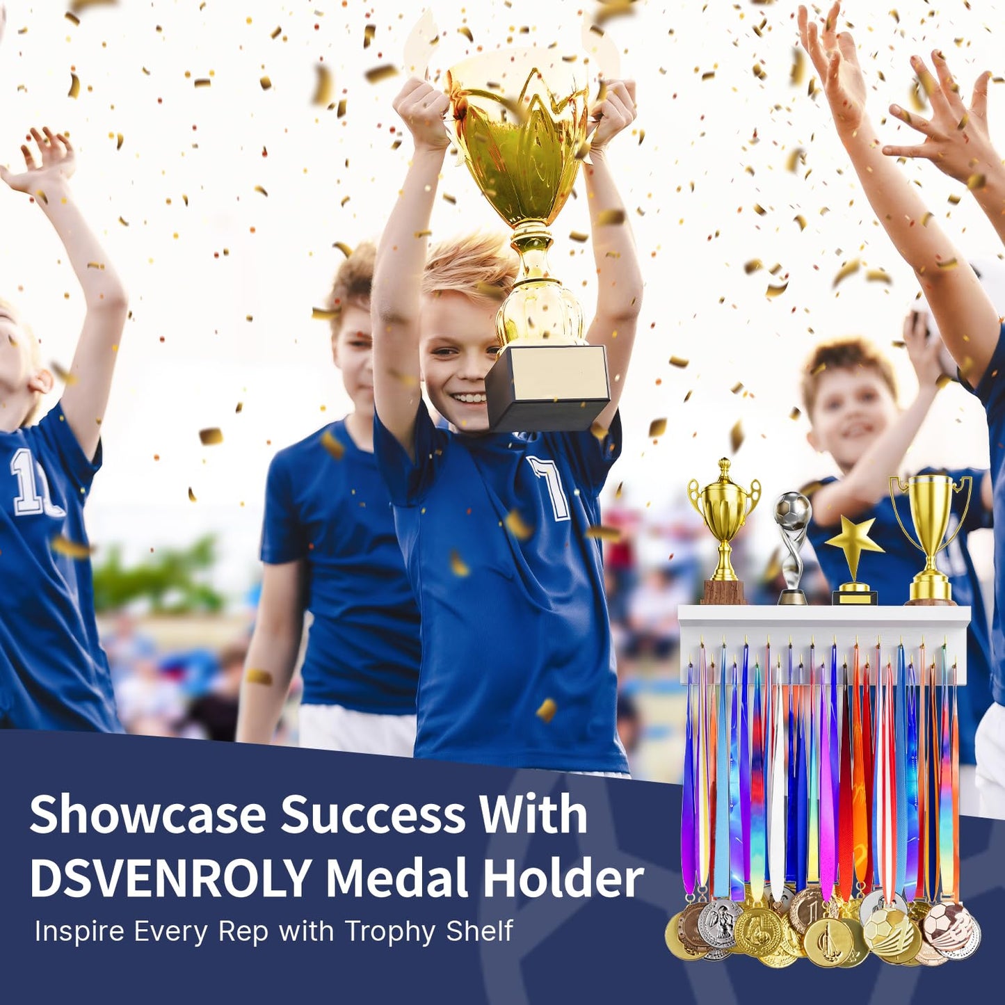 DSVENROLY Medal Holder Display Trophy Shelf Organizer, Sturdy Wooden Race Award Hanger Rack with 25 Steel Hooks, Wall Mount Storage Stand for Sports Fans, Cheer Success, White with Golden Pegs