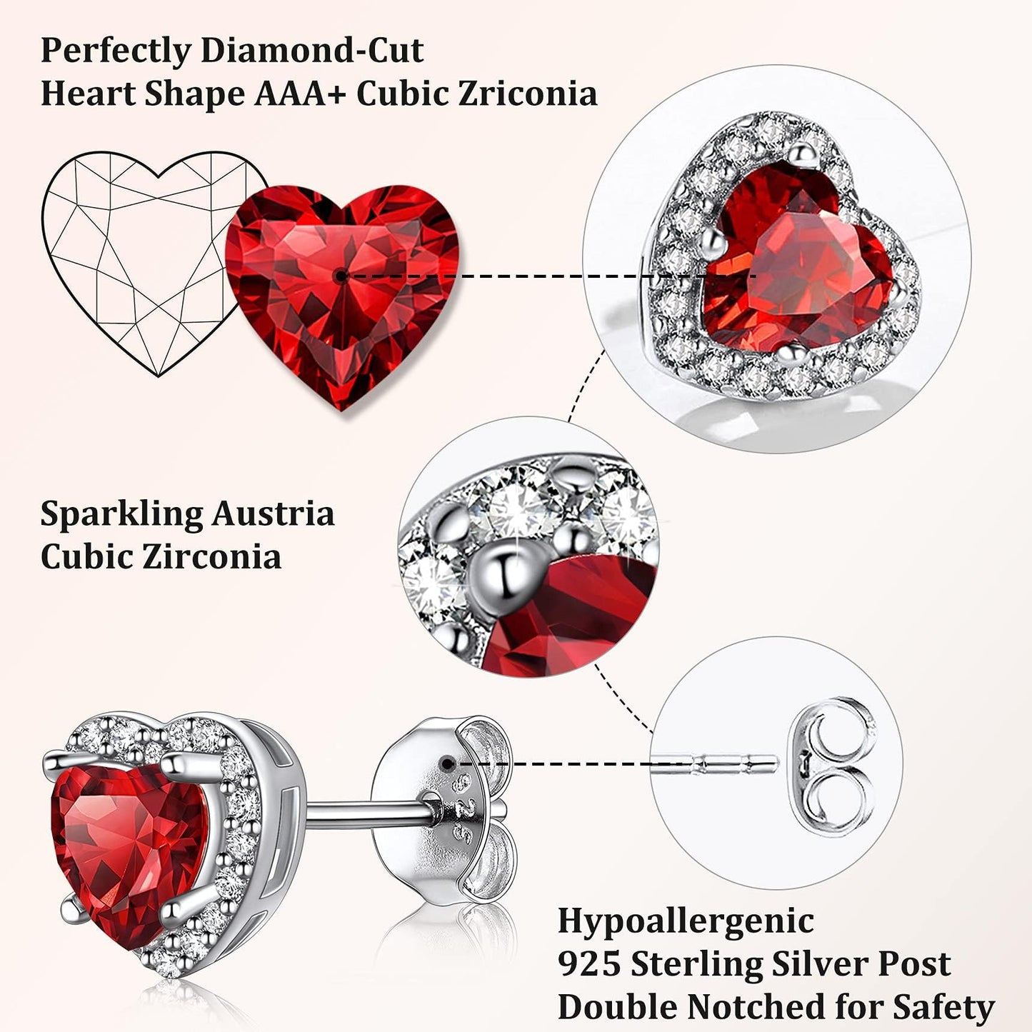 Bestyle 925 Sterling Silver Love Heart Cut Cubic Zirconia Stud Earrings, Brilliant Created July Ruby CZ Birthstone Earrings for Women
