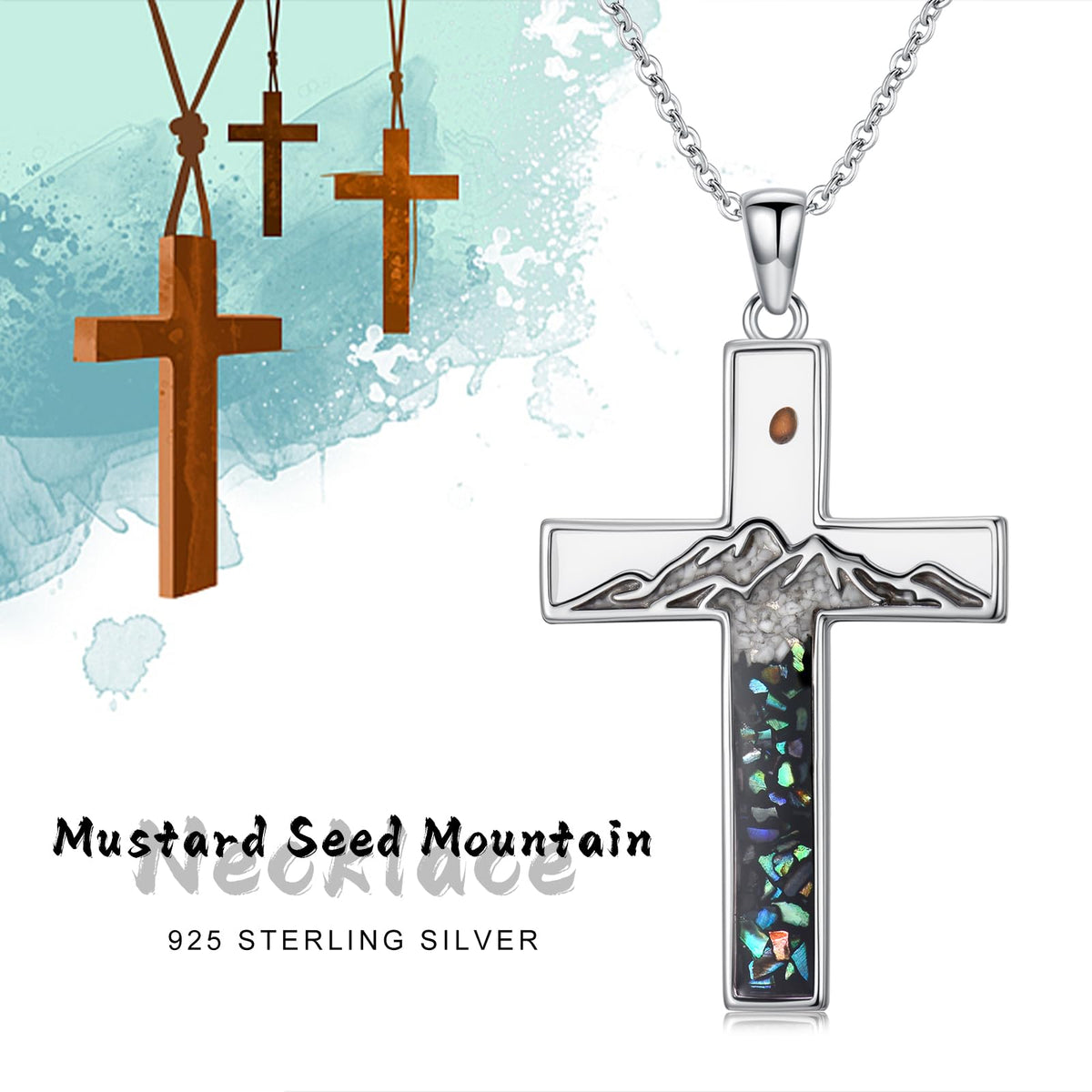 Suiknsn Mustard Seed Necklace 925 Sterling Silver Abalone Mountain Necklace Faith Cross Pendant Christian Jewelry Hiking Gifts for Women Mom