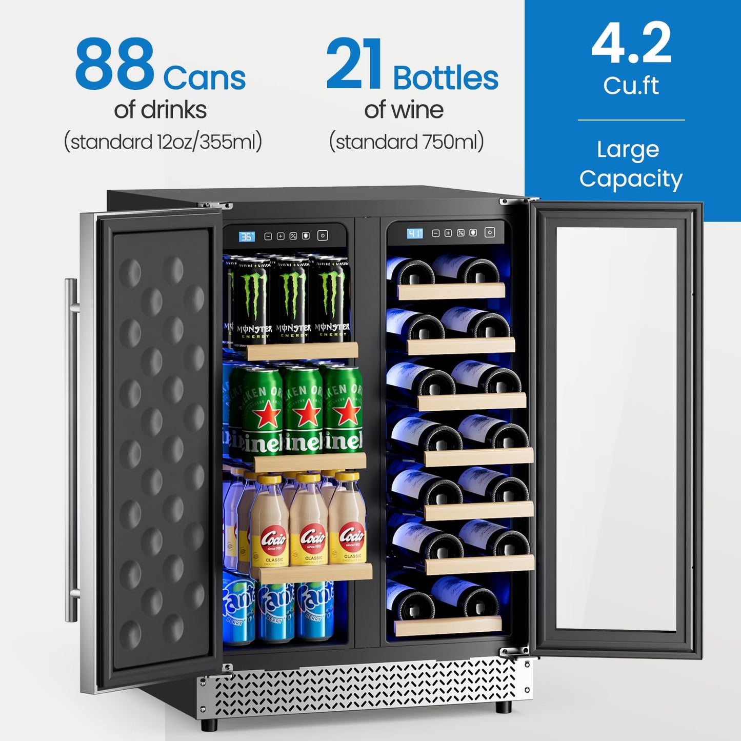 Vushine Wine and Beverage Refrigerator, 24’’ Daul Zone Wine Fridge, Freestanding Under Counter Refrigerator, Stainless Steel Beverage Cooler with Adjustable Shelves, Holds 21 Bottles and 88 Cans