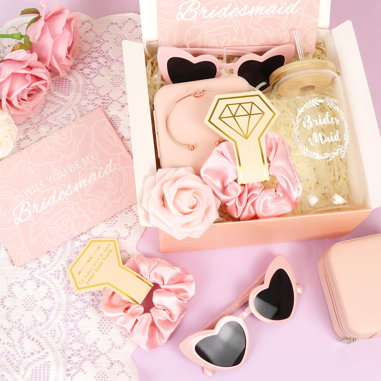 HOMENERGY Bridesmaid Proposal Gifts Set 6 - "Will You Be My Bridesmaid Kit with Elegant Box Jewelry Box Glass Cup Invited Cards Knotted Bracelets Sunglasses Scrunchies Raffia Grass Pink 54 Pcs