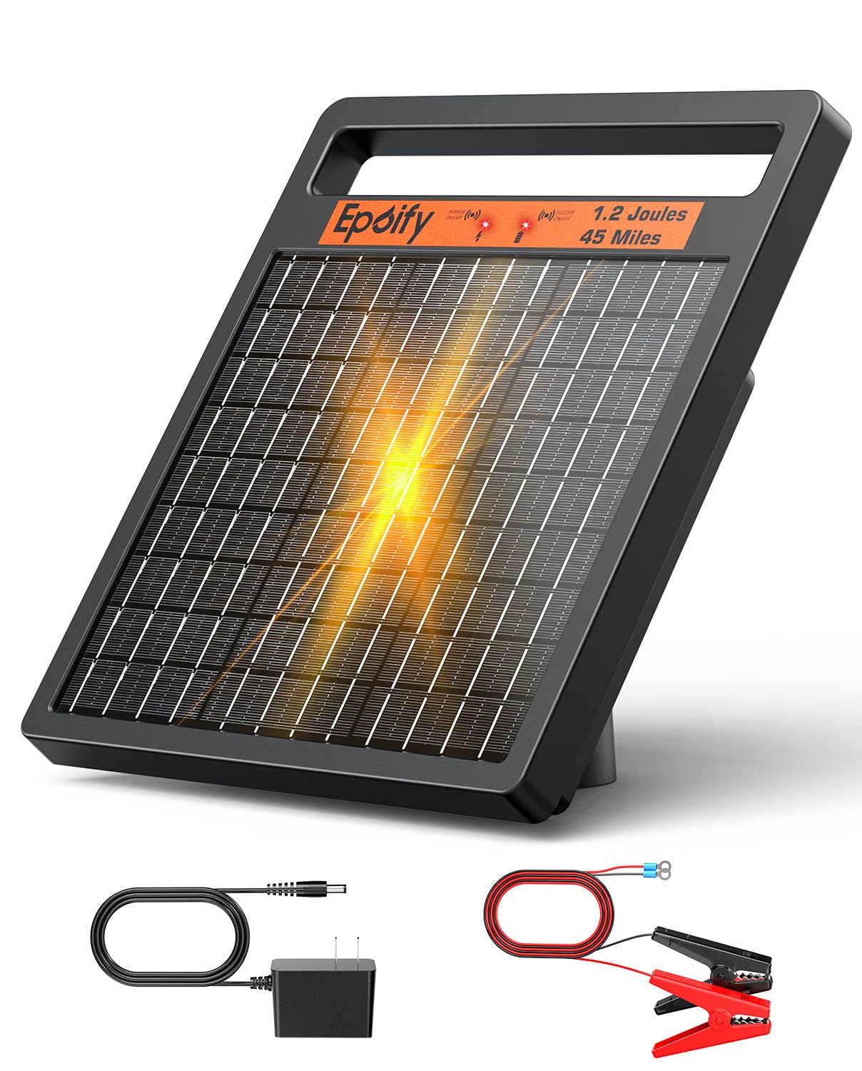 Solar Electric Fence Charger 1.2J Stored Energy, 45 Miles Coverage,8W Solar Fence Energizer with 10000mAh Battery,7–11kV Output, Smart Alarm, All-Weather Fence Charger for Cattle, Horses & Farms