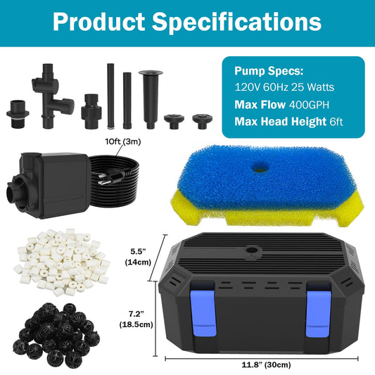 FUMAK All-in-One Koi Pond Pumps for Outdoor Ponds 200-350 Gal, 400GPH Pond Fountain Kit with 3 Spray Patterns, Pond Filter Fountain Pump for Garden, Water Feature, Upgradeable for LED & U - V Lamp