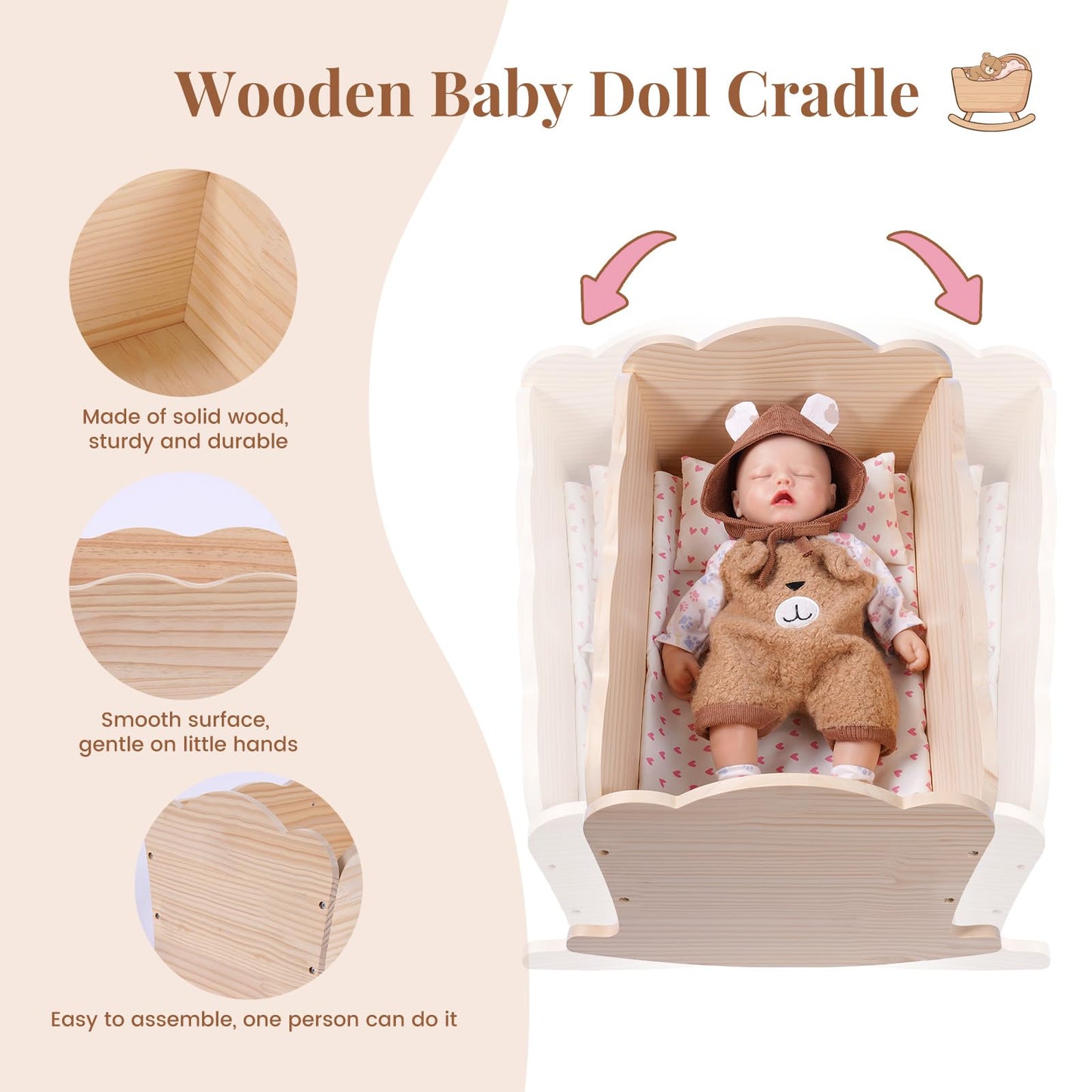 BABESIDE 3 Pcs Baby Doll Crib Set for Dolls up to 16 Inch, Wooden Baby Doll Accessories Babydoll Bed Dolls Cradle with Bedding Set for Kids Pretend Play Toys, Wood Doll Crib
