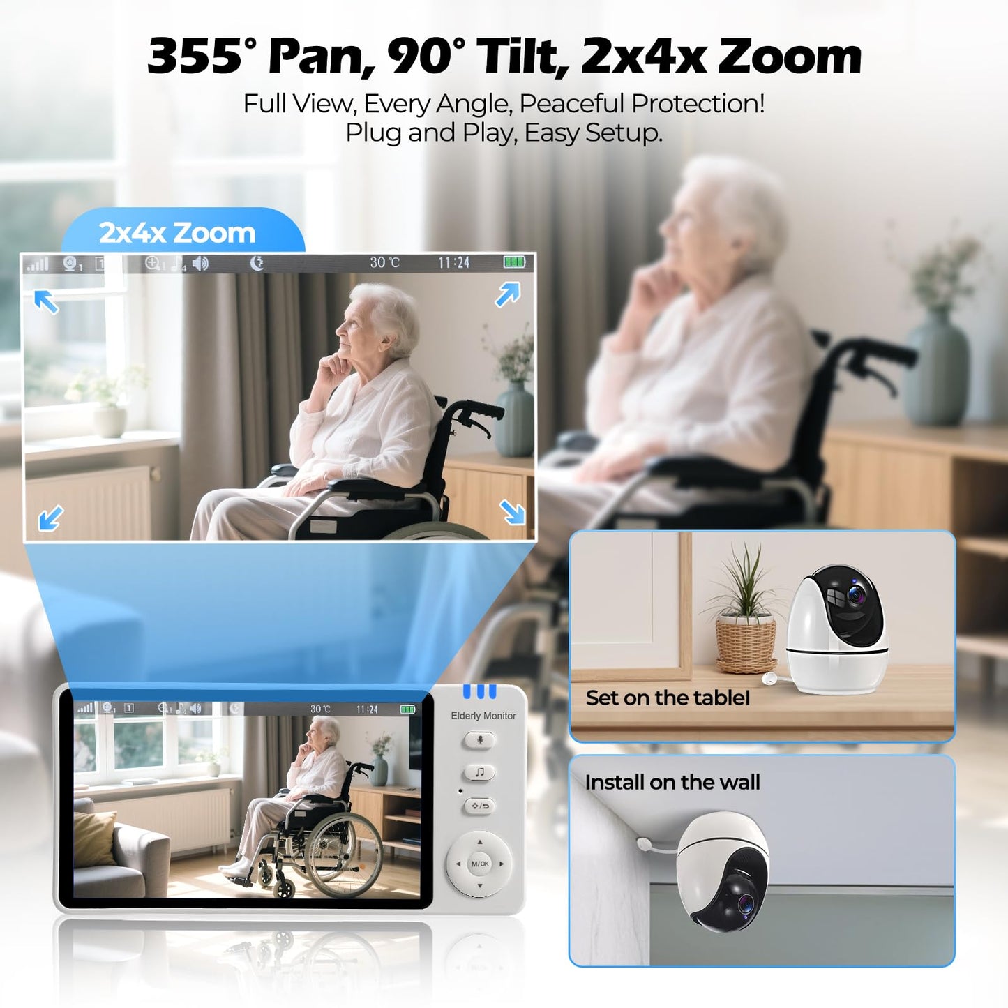 JEMXITG Elderly Monitor with Camera and Audio, Two-Way Talk Baby Monitors for Elderly Care, Call Button, Med Reminder Camera for Elderly Monitoring, for Seniors, Dementia Patients (No WiFi)