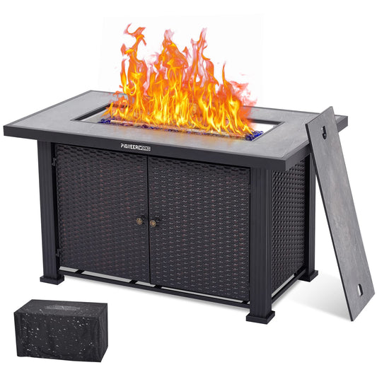 44 in Propane Fire Pit Table (Double Door), 50000BTU Rectangle Fire Table with Cover & Rain Cover, Sturdy Steel and Iron Fence Surface, CSA Safety Certified, Companion for Your Garden