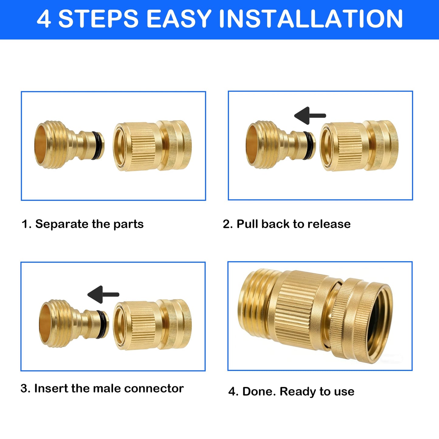 Hourleey Garden Hose Quick Connector, Solid Brass 3/4 Inch GHT Thread Garden Quick Connect Kit, Male and Female No-Leak Water Hose Fittings (8 Set)