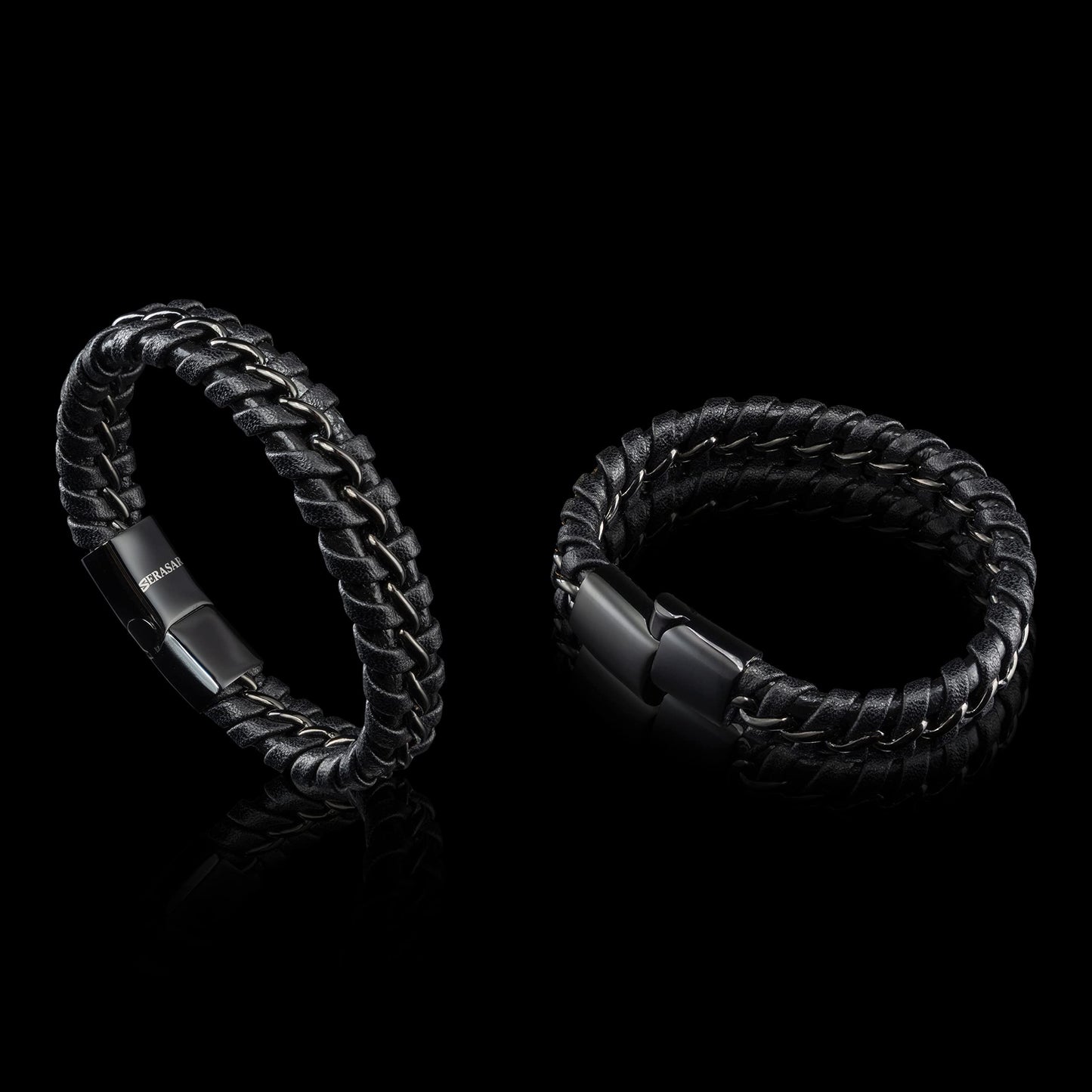 SERASAR Mens Bracelets 23cm Black Bracelet Men Gift Box Genuine Leather Cowhide Braided Magnetic Clasp Multi Layer Wrap Rope Man Mans Male Band Jewelry Magnet Accessories