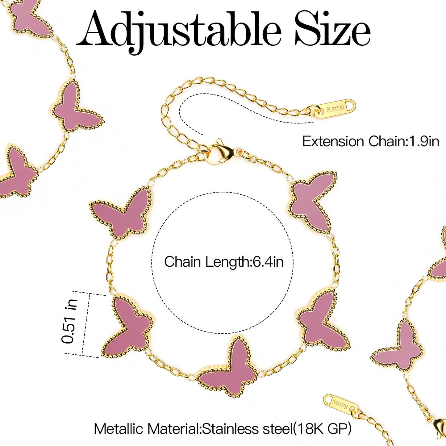 AICase 18K Gold Plated Clover Bracelet Dupes Pink Bracelet Set for Women Butterfly Flower Leaf Lucky Clover Bracelets Trendy Jewelry Birthday Gifts for Women/MoM/Friends_Pink