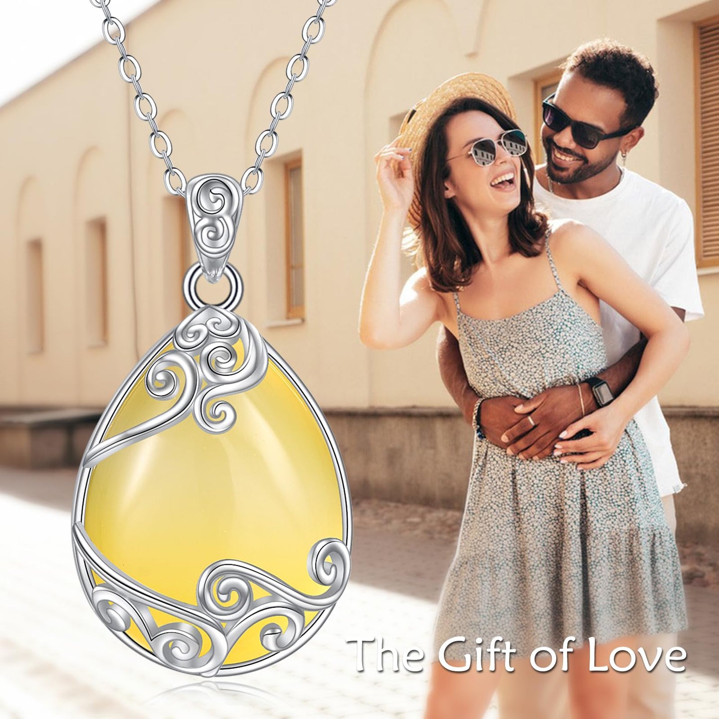 YAFEINI 925 Sterling Silver Yellow Agate Necklace Filigree Teardrop Pendant Necklace Jewelry for Women (DD-Yellow Agate Filigree Necklace)