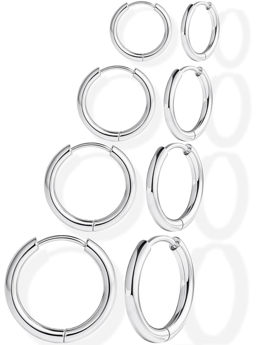 316L Surgical Stainless Steel Silver Hoop Earrings for Men Stack, Cartilage Helix Lobes Conch Hypoallergenic Titanium Earrings for Sensitive Ears Stainless Steel Jewelry Gifts for Women Men 6/8/10/12mm Earring Set for Multiple Piercing