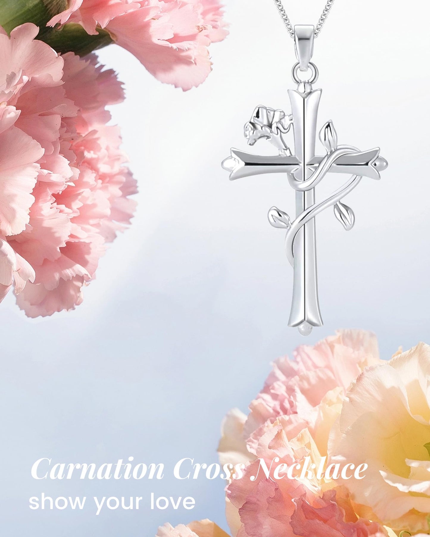 ACECHA Silver Cross Necklace for Women, Dainty Faith Cross Pendant Necklaces with Birthflower Jewelry for Mom Wife Daughter Sister | Gifts for Birthday Anniversary Christmas Easter(Carnation)
