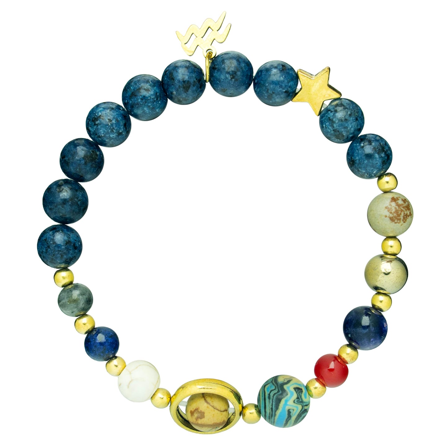 Zodiac Sign Bracelet for Couples – 12 Constellations Natural Stone Jewelry with Black Glass, Lapis Lazuli, Goldstone, White Howlite, Picture Jasper, Malachite, Red Agate & Blue Sodalite – Lucky Energy Gift (Aquarius - Blue)