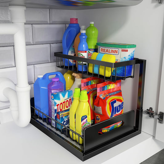 REALINN Under Sink Organizer, Pull Out Cabinet Storage 2 Tier Slide Out Sink Shelf, Kitchen Organizers and Storage, Black, 1 Pack