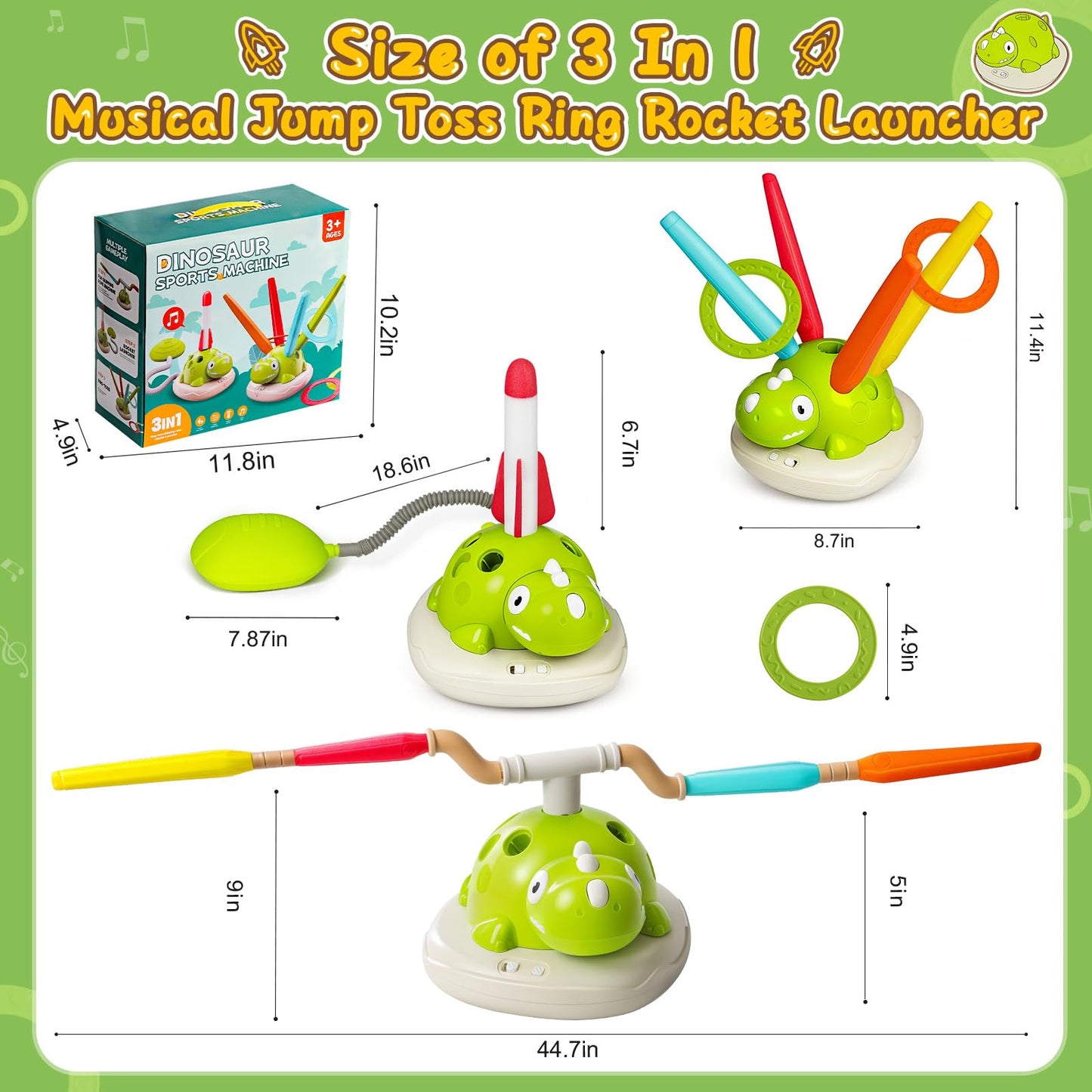 3 in 1 Musical Jump, Toss Ring Game and Stomping Launch Rocket with Storage Bag, Remote Control Outdoor Toys for Kids 3-6 Exercise Jump Gross Motor for Toddlers Indoor/Yard Game Gift for Boys Girl 4-8