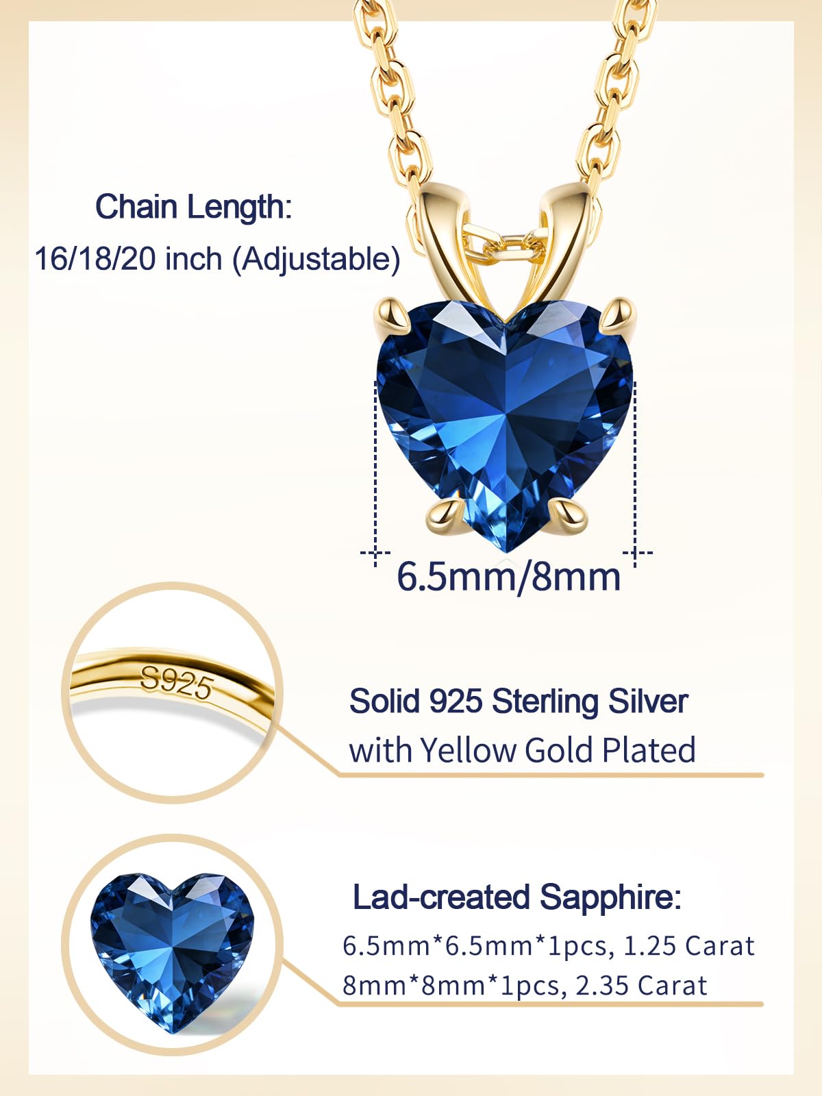 CYW 1 Carat Blue Sapphire Small Gold Heart Necklace for Women 925 Sterling Silver Solitaire Pendant Necklace