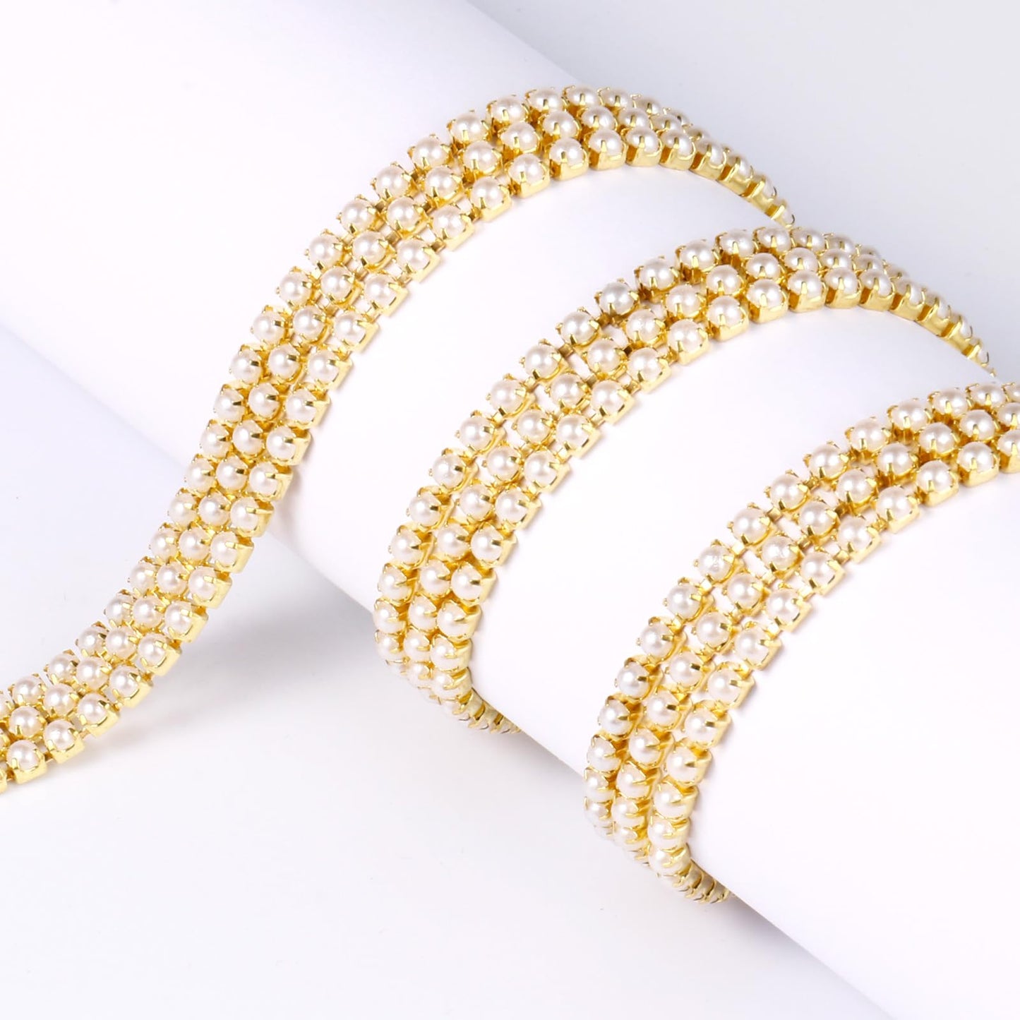 Pearl Trim Close Chain, [10 Yards/ 3.0MM] Gold Pearl Beaded Cup Chain Applique Trim for Sewing Crafts DIY Jewelry Making Clothing Wedding Party Decoration