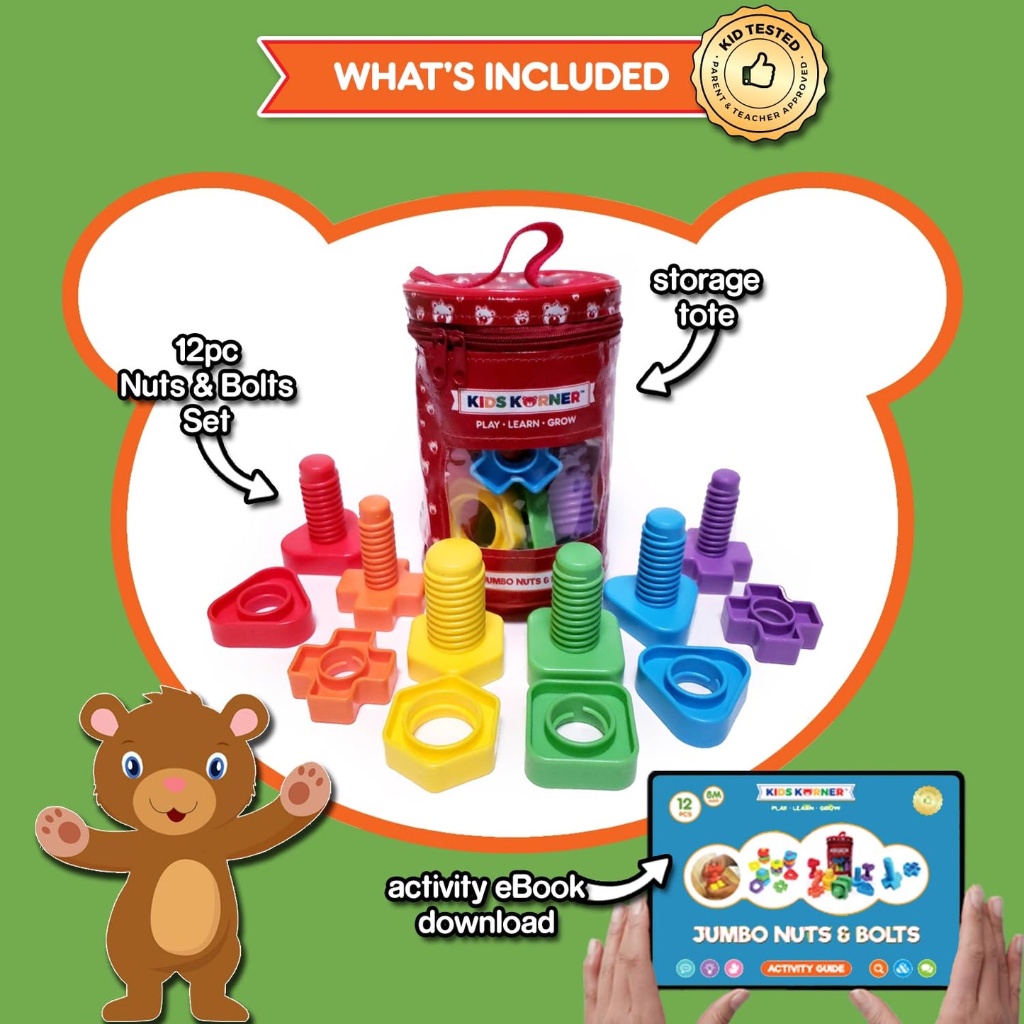 Jumbo Nuts and Bolts For Toddlers - Fine Motor Skills Rainbow Matching Game Montessori Toys For Toddlers & Toddler Games | 12 pc Occupational Therapy Educational Toys with Toy Storage + eBook