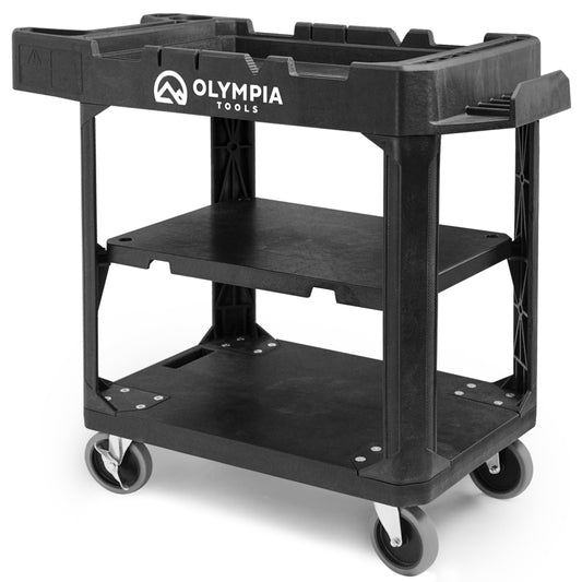 Olympia Tools Convertible Utility Cart - 660 lbs Heavy Duty Plastic HDPE, 10 Tool Slots, 5'' Locking Swivel Wheels, Ladder Hook | 3 Shelf to Flat Top Workstation | Industrial & Maintenance Work Carts