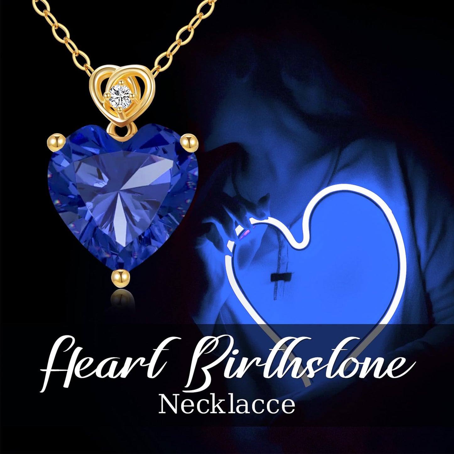 NFYBD 14k Gold Love Heart Blue Sapphire Birthstone Pendant Necklace for Women 3 Carat Heart-cut Created Gemstone Anniversary Birthday Mother's Day Necklaces for Her 16+1+1 inch-Sept