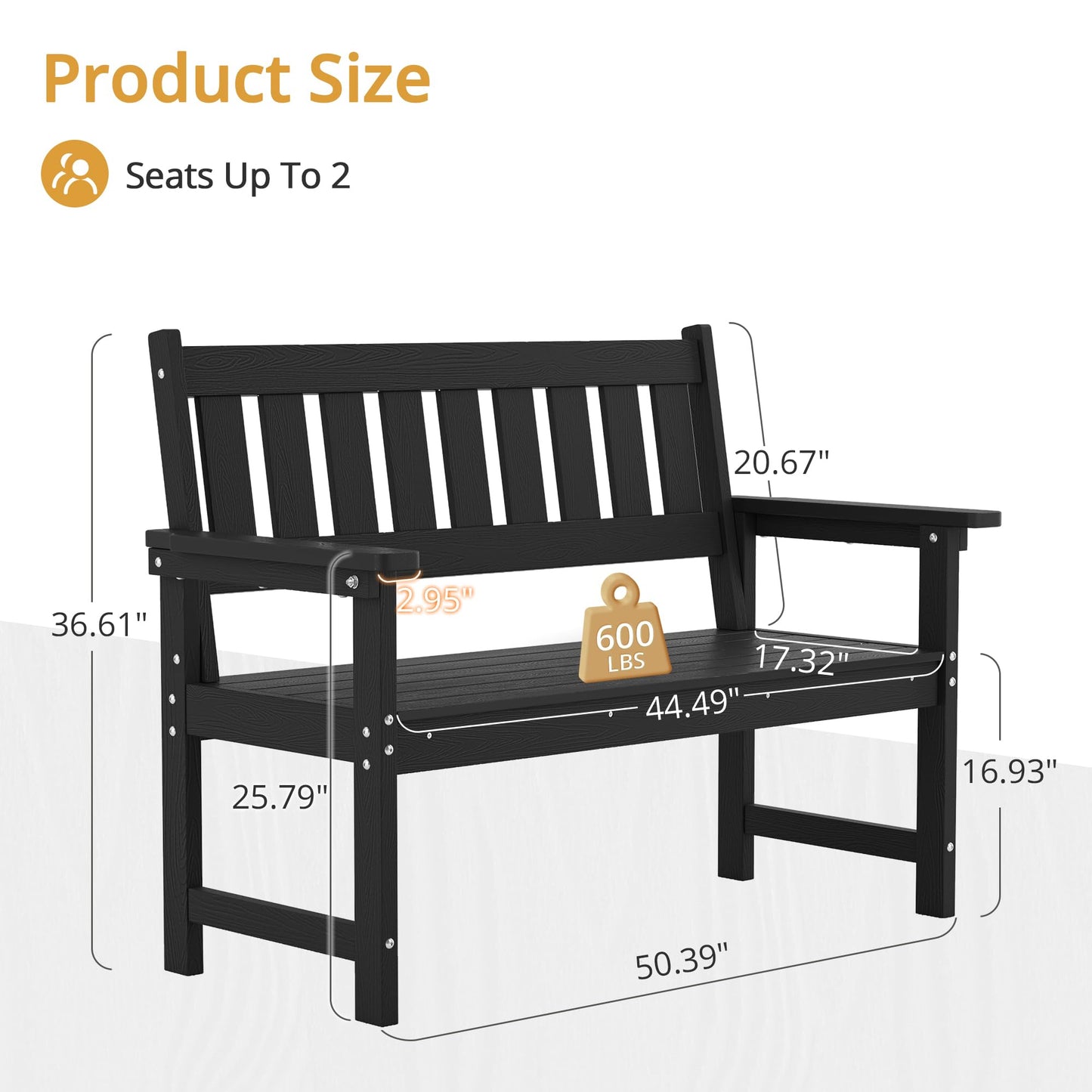 LUE BONA Outdoor Bench, 2-Person HDPS Garden Bench, Outdoor Benches Weatherproof, All-Weather Fade/Rot Resistant Patio Bench for Park, Front Porch, Backyard (Black)