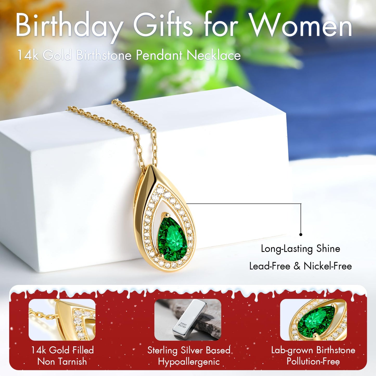 Kstyle 14k Gold Lab-Grown Emerald Pendant Necklaces for Women Valentine's Day Birthday Gift Anniversary Jewelry for Wife Daughter Grandma Mom Sister Non Tarnish