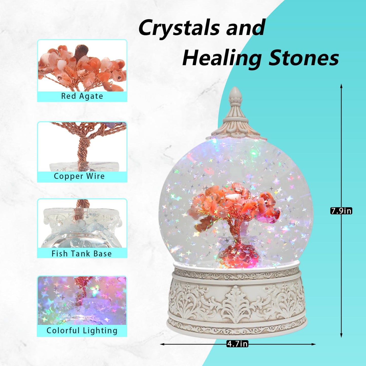 Red Agate Healing Crystal Tree Globe with Colorful Lights and Sparkling Glitter, Natural Gemstone Base, Spiritual Meditation, Positive Energy Good Luck, Home Decor, Birthday Gifts (Red Agate)