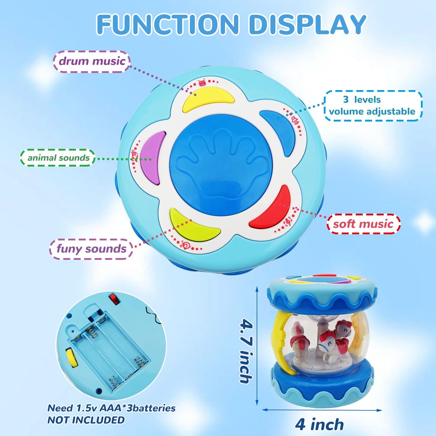 LDRYWW Baby Girl Toys Hand Drum Baby Rotating Musical Light Up Sensory Activity Crawling Toys 2 3+ Year Old Infant Girls Toy Gifts (Blue)