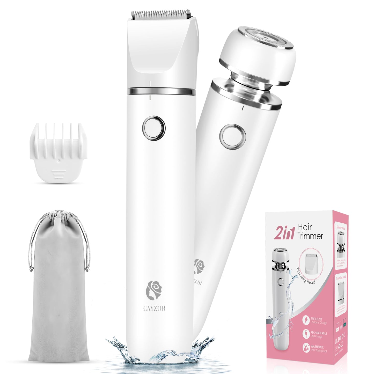 Cayzor Bikini Trimmer and Shaver Kit for Women - 2-in-1 Wet/Dry Electric Body Hair Trimmer Facial Hair Removal Cordless Waterproof Bikini Shaver Razor for Face Lip Chin Pubic Underarm Legs (White)