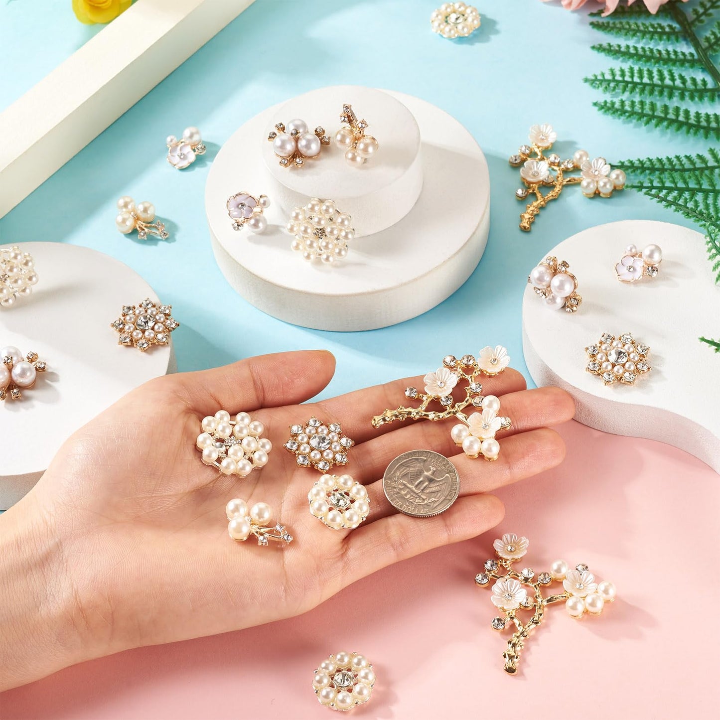 Craftdady 21 PCS Faux Pearl Rhinestone Flower Buttons Pearl Rhinestone Buttons Alloy Floral Embellishments Brooch for Crafts Jewelry Making DIY Wedding Decorations Clothes Bags Shoes Supplies