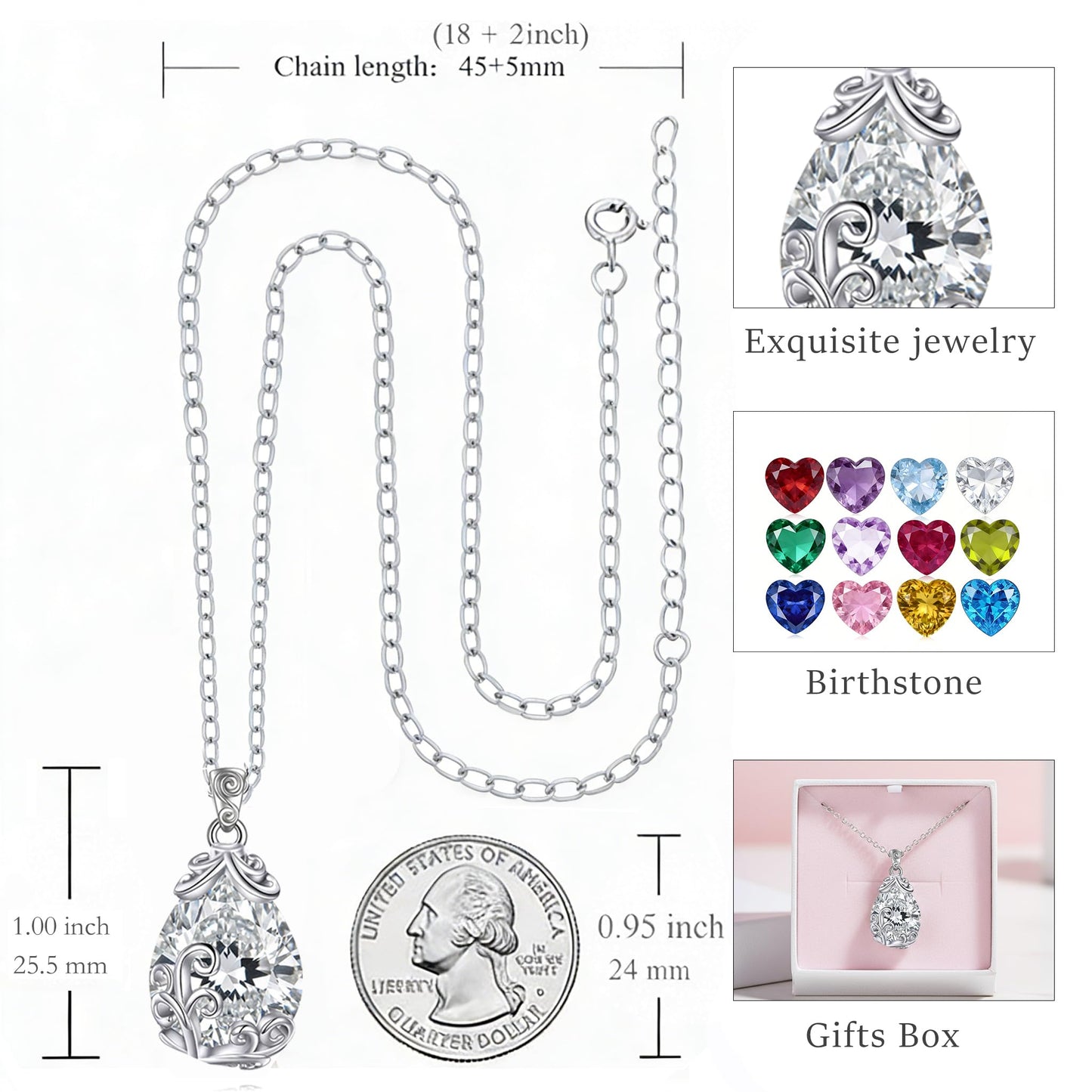 POPLYKE Sterling Silver Birthstone Filigree Teardrop Necklace Filigree Pendant Jewelry Gifts for Women