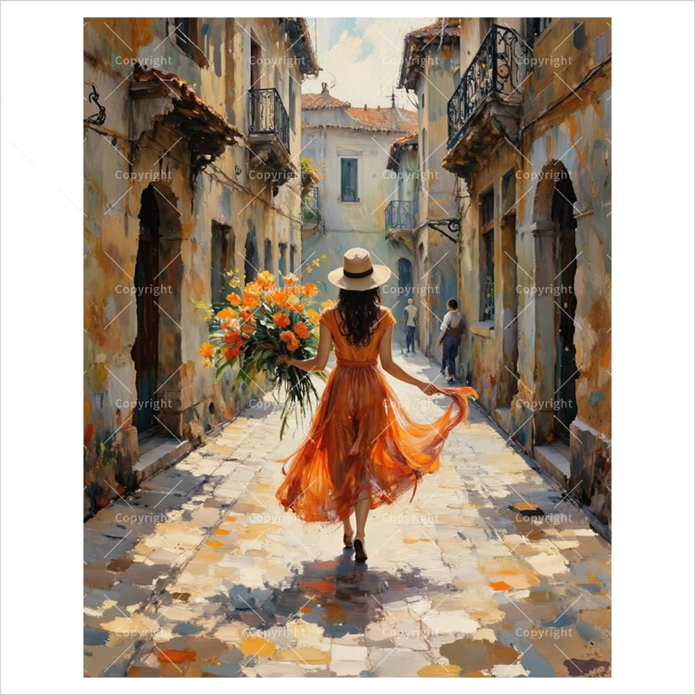 Sunny Alley Paint by Numbers Kit for Adults - DIY Woman in Orange Dress with Flowers Painting on Canvas 16x20 Inches, Acrylic Paint Set, Suitable for Beginners, Art for Decoration or Gifts, Unframed