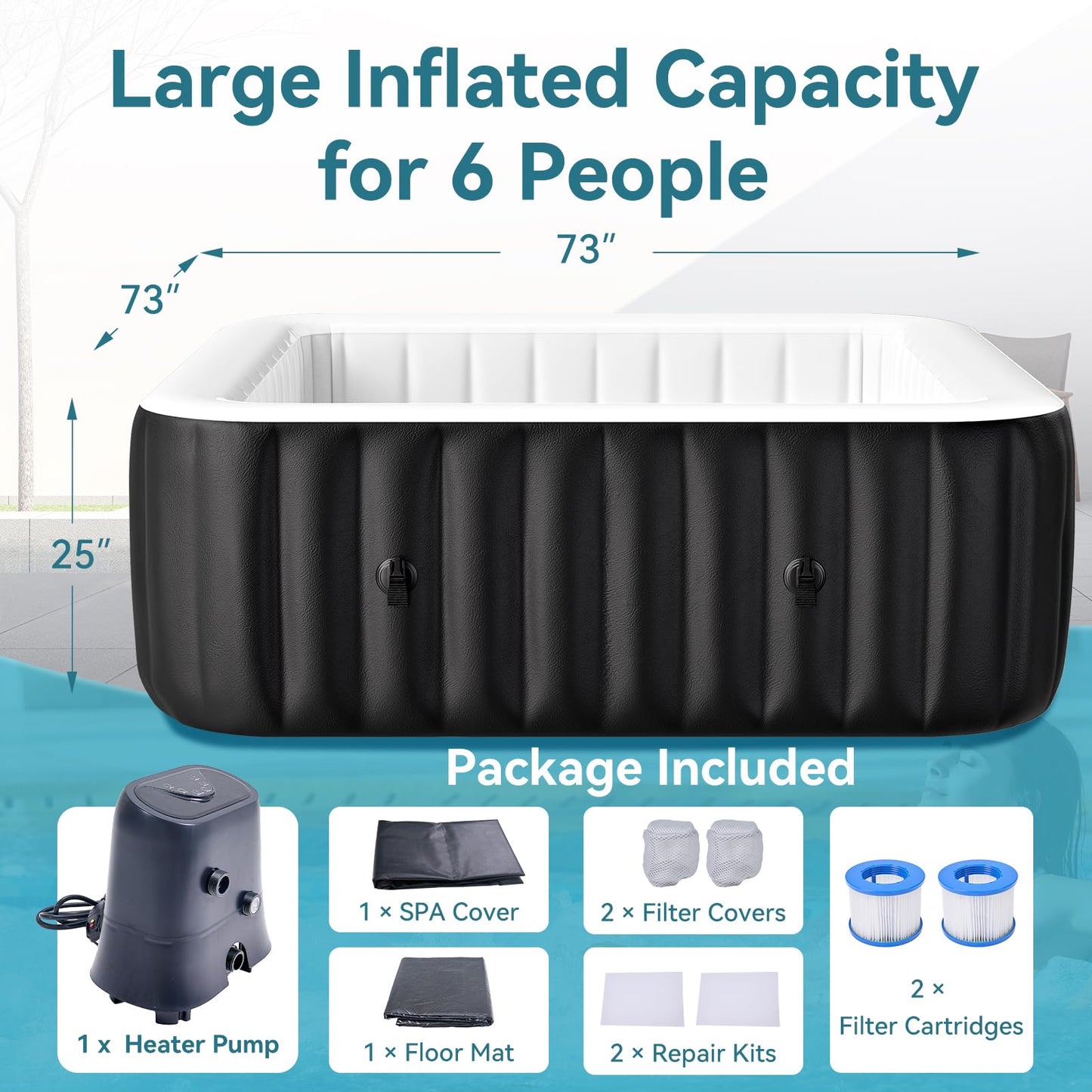 Blow Up Inflatable Hot Tub, 4-6 Person Large Square Portable Hot Tub, Leak-Proof PVC Outdoor Spa with 130 Air Jets, Heater Pump and Insulated Cover, 73” X 73”X 25”