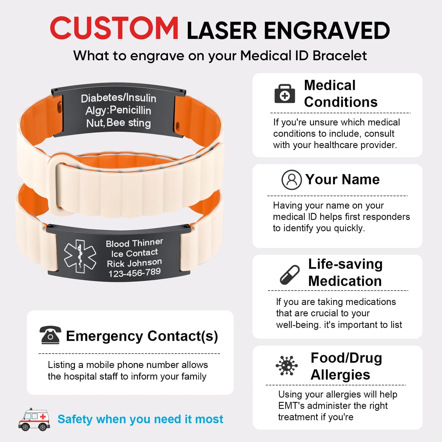 (Price Including Tax)Comfortable Medical ID Bracelet for Men & Women - Custom Engraved Silicone Strap Medical Alert Bracelets for Sports,Adjustable Waterproof Customizable ID Wristband,Orange