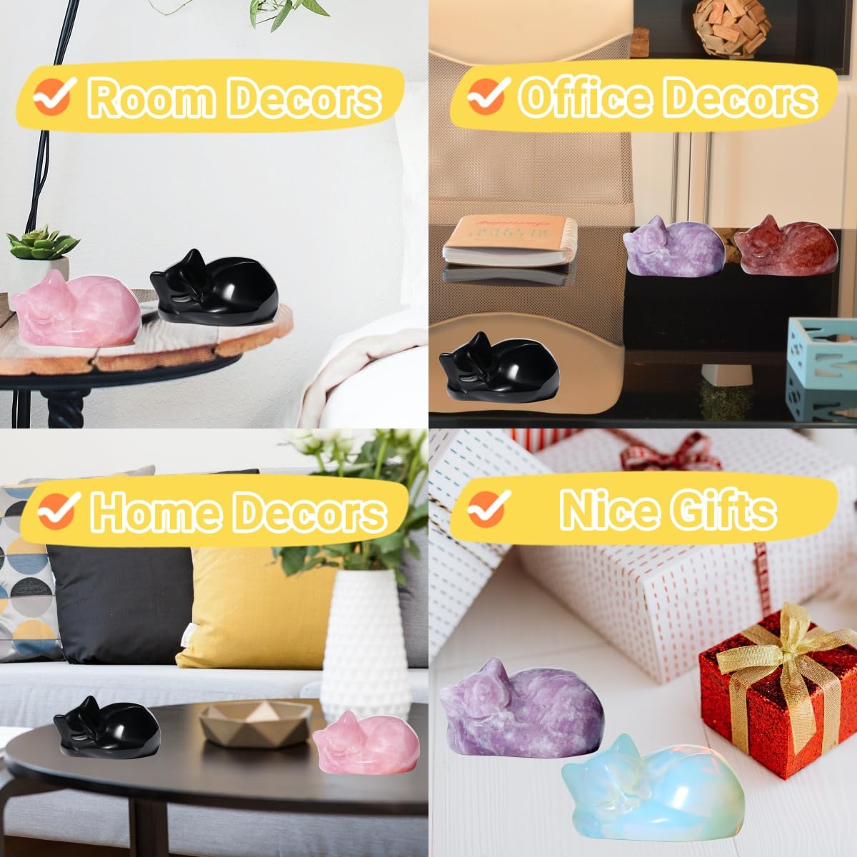 YATOJUZI 2" Cat Decors Statue Black Obsidian Crystals Sleeping Cats Matte Gemstone Hand-Carved Cute Animal Statues Figurine Room Home Office Desk Decor Lucky Reiki Kitten Ornaments Gifts for Women Men