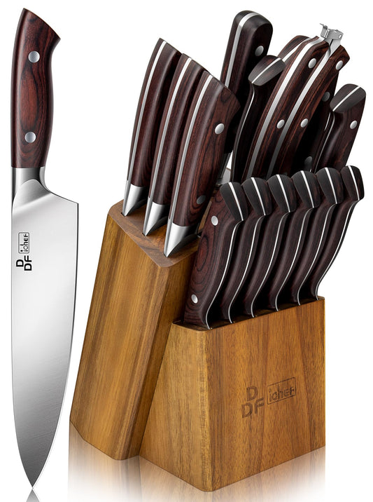 DDF iohEF Kitchen Knife Set, 16-Piece Knife Sets for Kitchen with Block Japanese Stainless Steel Knives Set with Sharpener Ultra Sharp Professional Chef Knife Set with Ergonomic Handle for Cutting