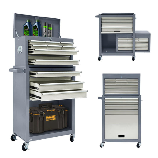 Sormols 13-Drawer Rolling Tool Chest, 2 in 1 Detachable Tool Chest,Tool Box with Drawers and Wheels, Large Tool Cabinet with Lock, Metal Standing Toolbox for Garage Workshop-Gray&White