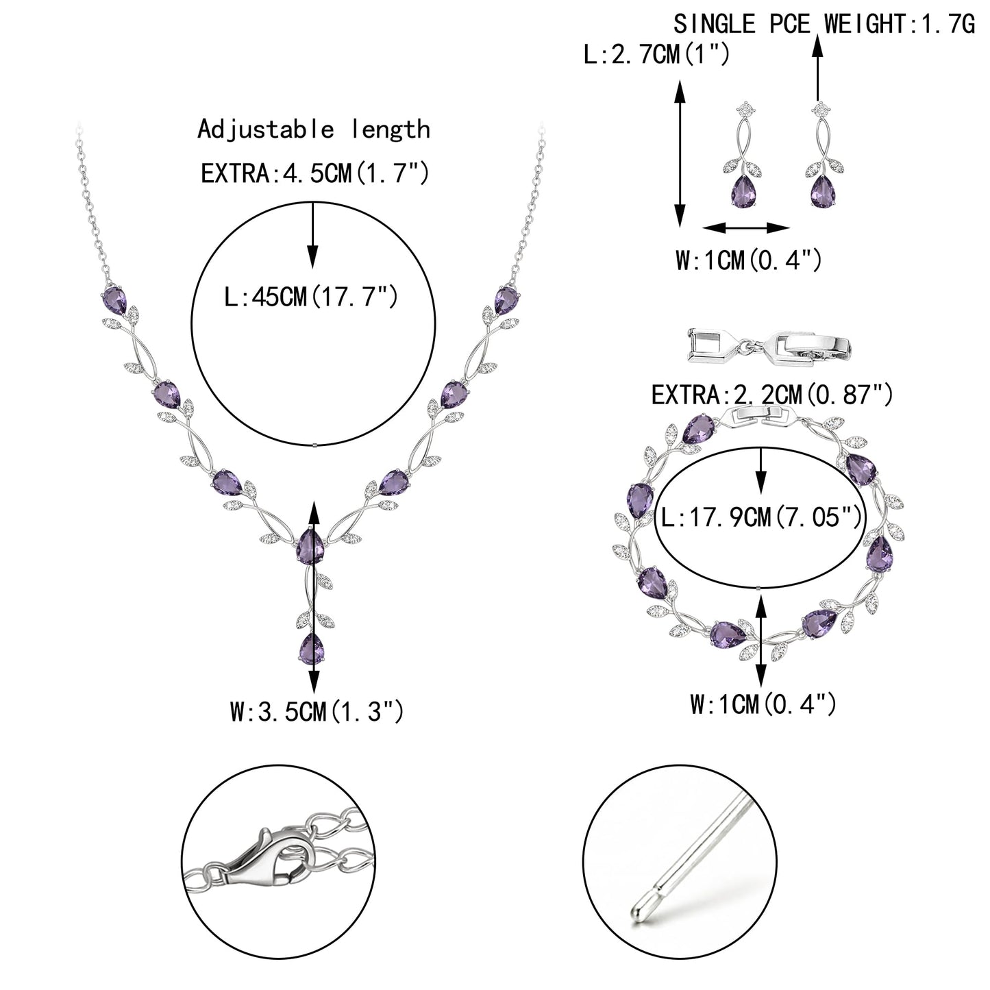EVER FAITH Wedding Jewelry Set for Bride Bridesmaid, Purple Teardrop Cubic Zirconia Leaf Vine Bridal Prom Necklace Dangle Earrings Bracelet Sets for Women