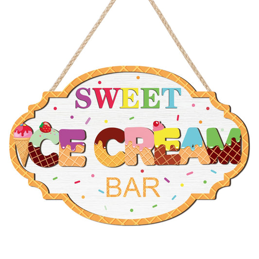 HOURIA Colorful 3D Ice Cream Summer Wooden Sign (11.4”x7.5”), Vintage Sweet Ice Cream Bar Sign Hanging Plaque,Sweet Summer Themed Wall Decor for Birthday Party Shop Holiday Home Decor
